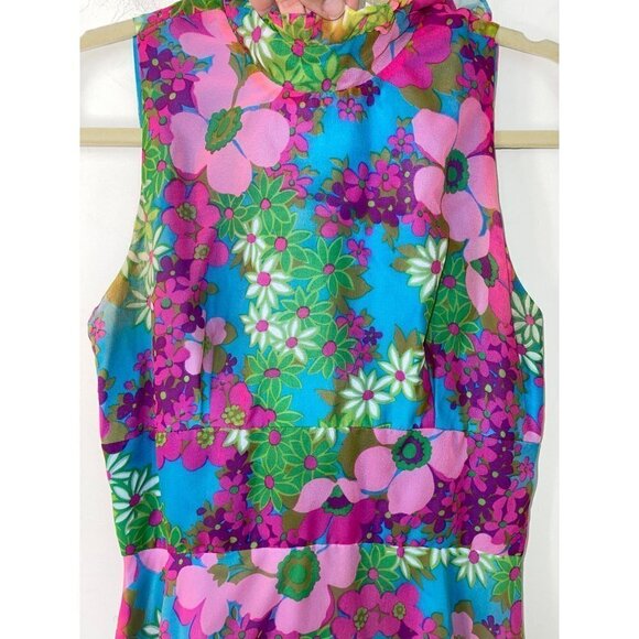 Vintage Floral Maxi Dress Size Small Pink Blue Ruffle Trim High Neck Tiered - Picture 12 of 16